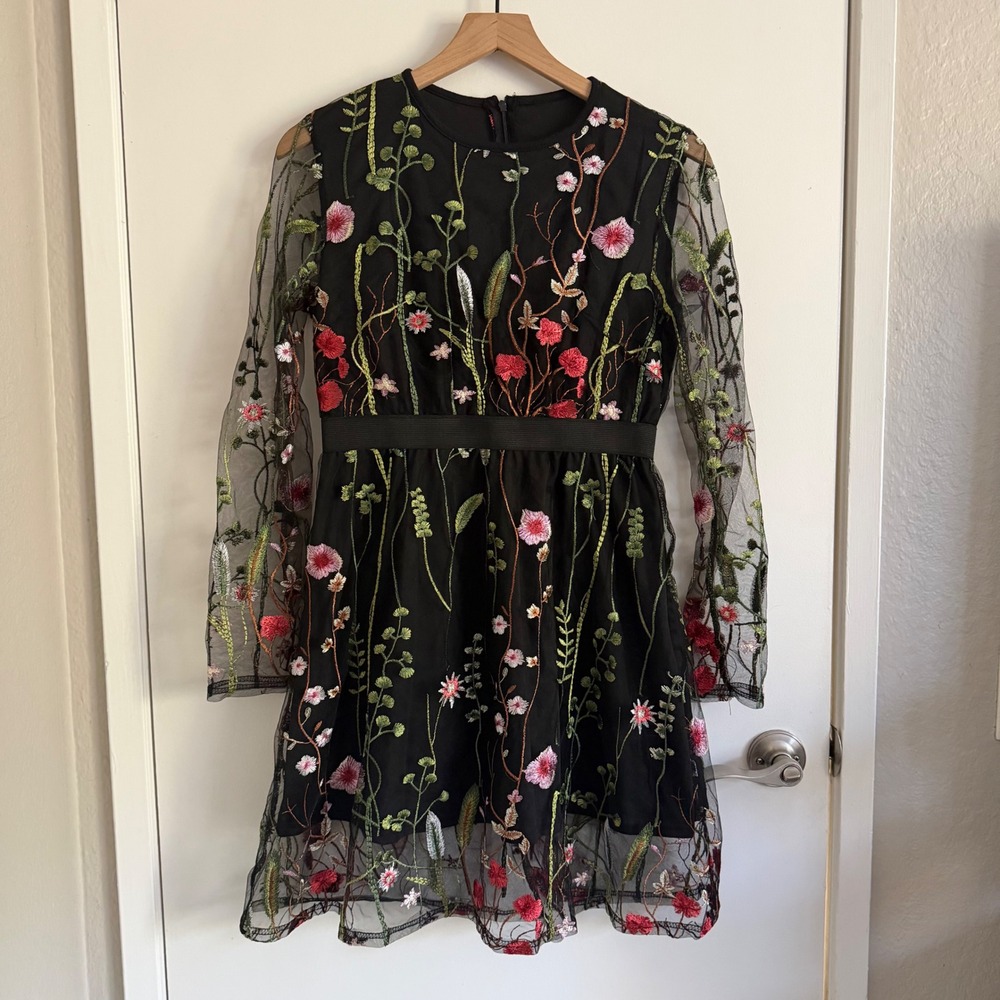 Black Floral Embroidered Mesh Mini Dress Botanical Witchy Practical Magic